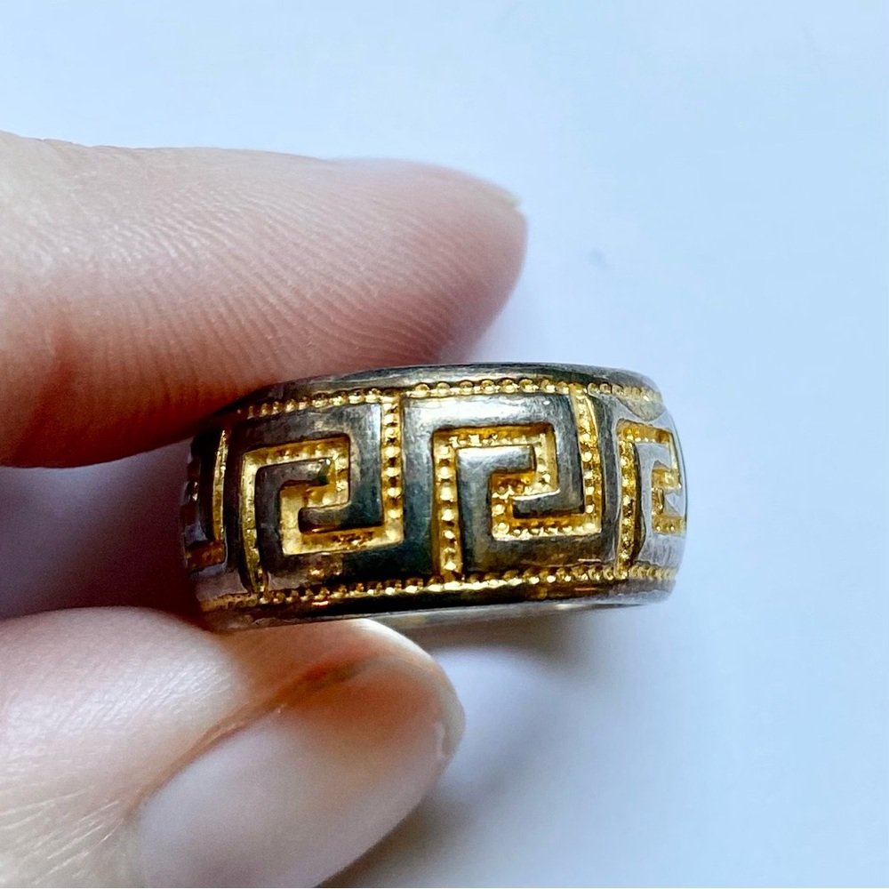 Two-Tone 925 Sterling Silver and Gold Greek Key Ring